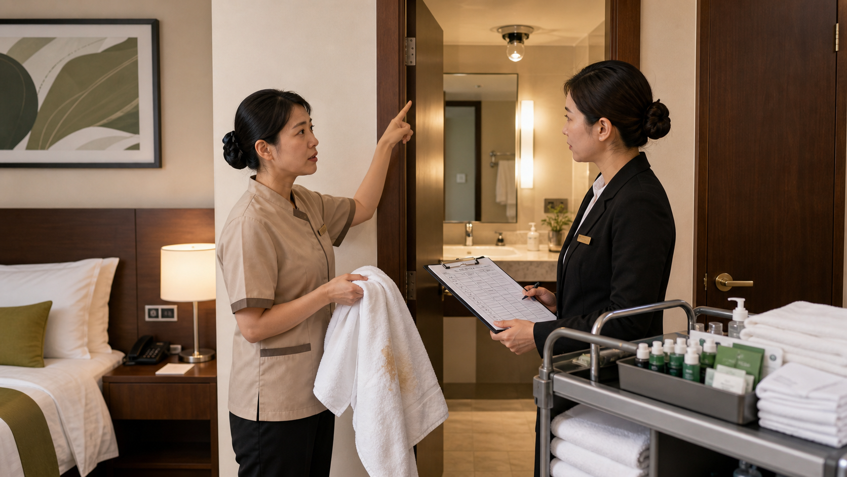 Hotel housekeeping worker reporting room status to a supervisor