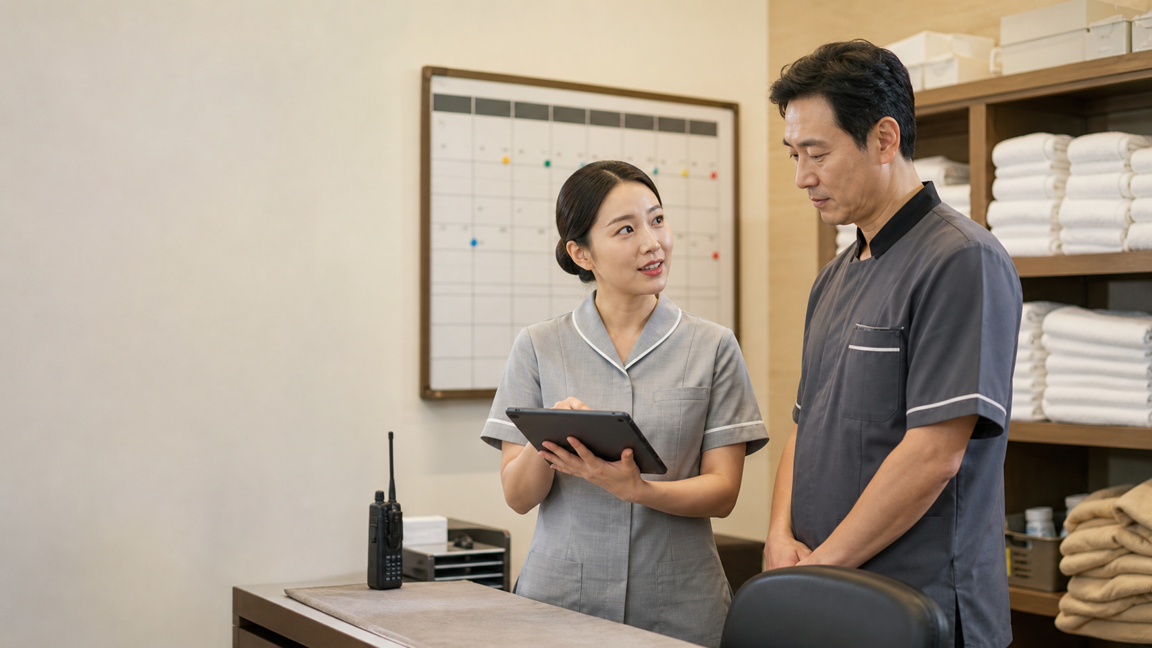 Hotel housekeeping worker reporting room status to a supervisor