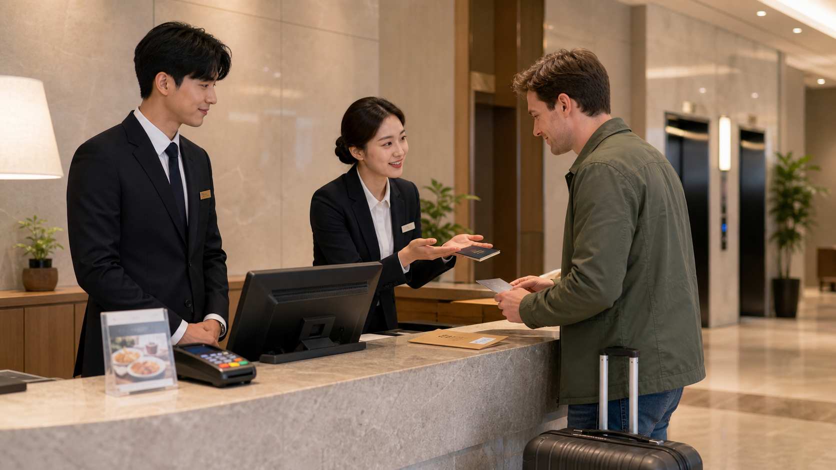 Hotel receptionist checking a guest passport and room key during Korean check-in training