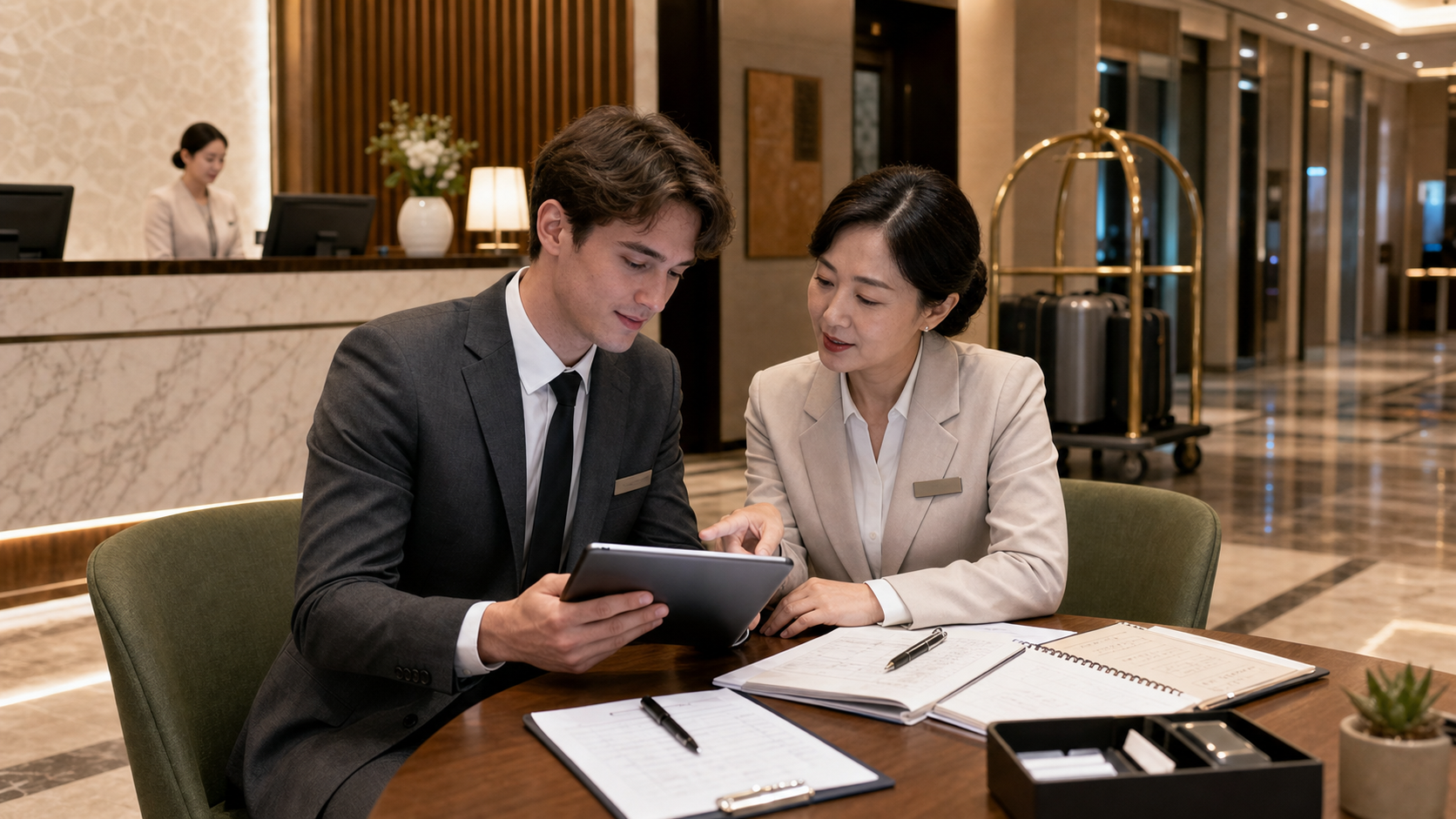 Hotel manager and front desk trainee reviewing Korean check-in vocabulary