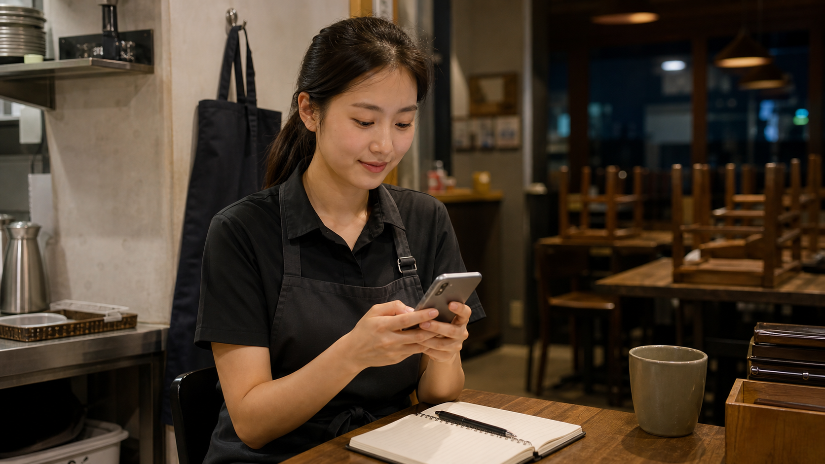 Restaurant worker reviewing Korean service words on a phone after closing