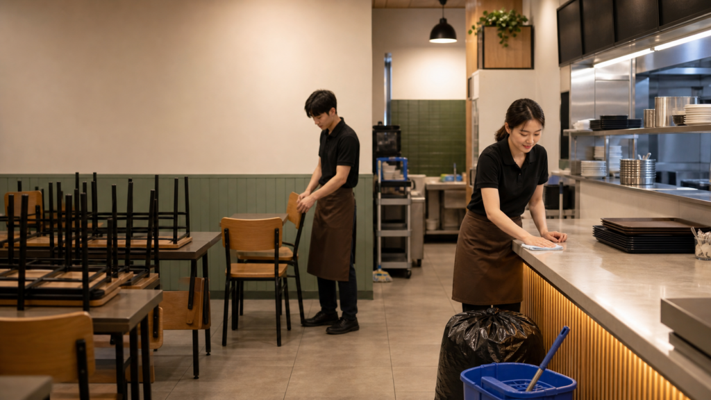 Restaurant staff closing and cleaning a Korean restaurant after business hours