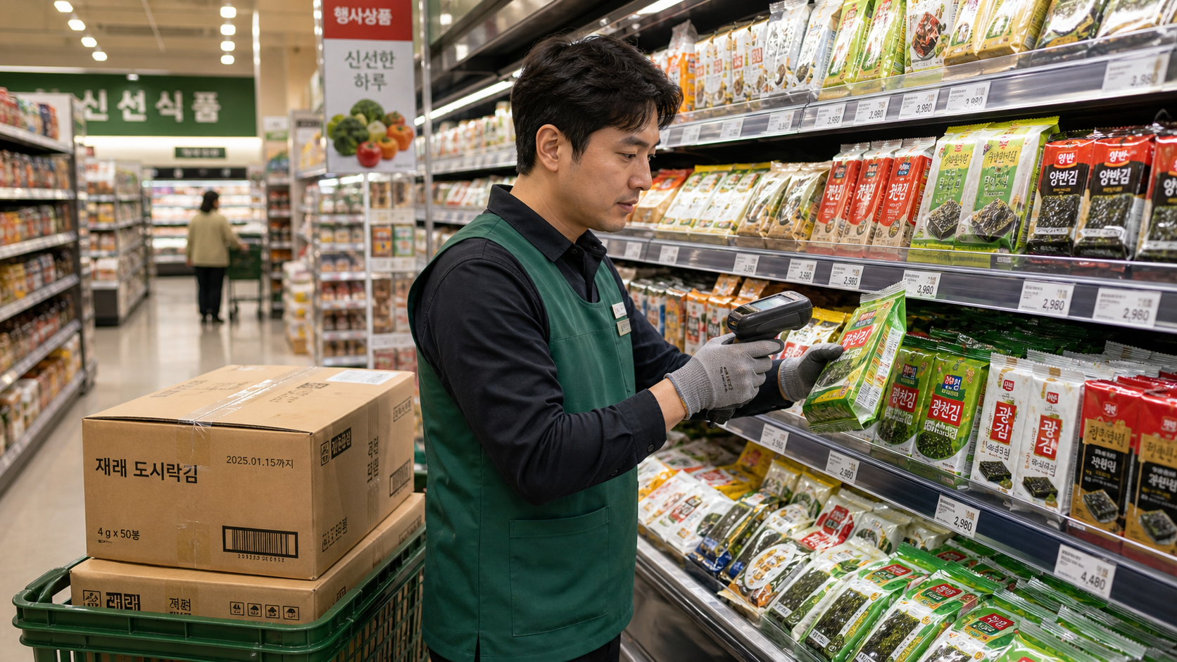 Retail worker restocking shelves and checking inventory in a Korean mart
