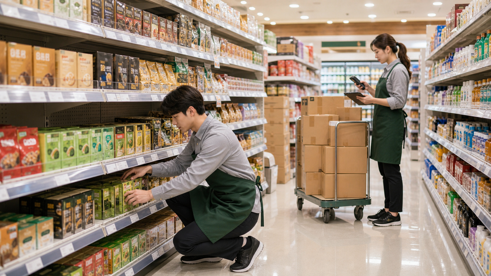Retail worker restocking shelves and checking inventory in a Korean mart