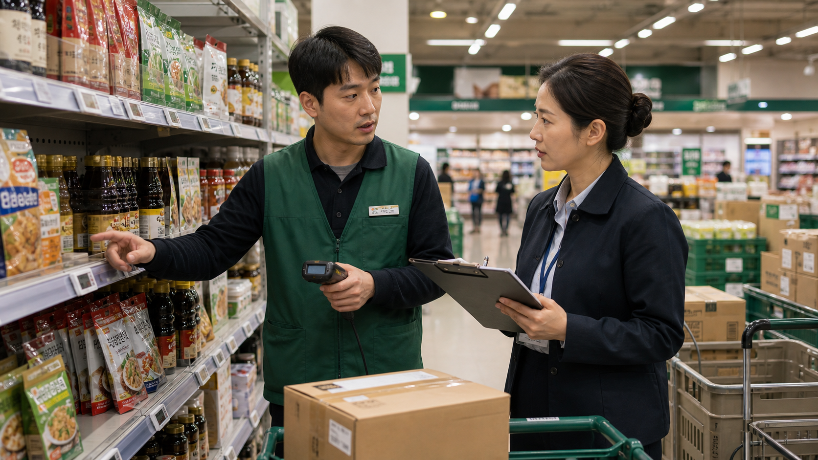 Retail worker reporting a price tag or stock issue to a supervisor