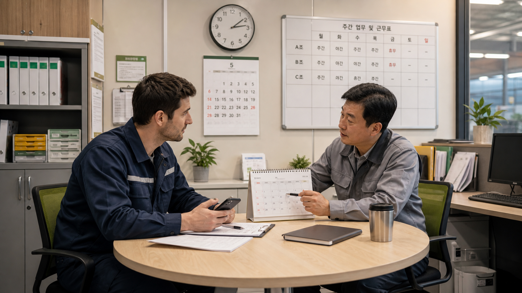 Supervisor and worker reviewing absence and schedule change in Korea