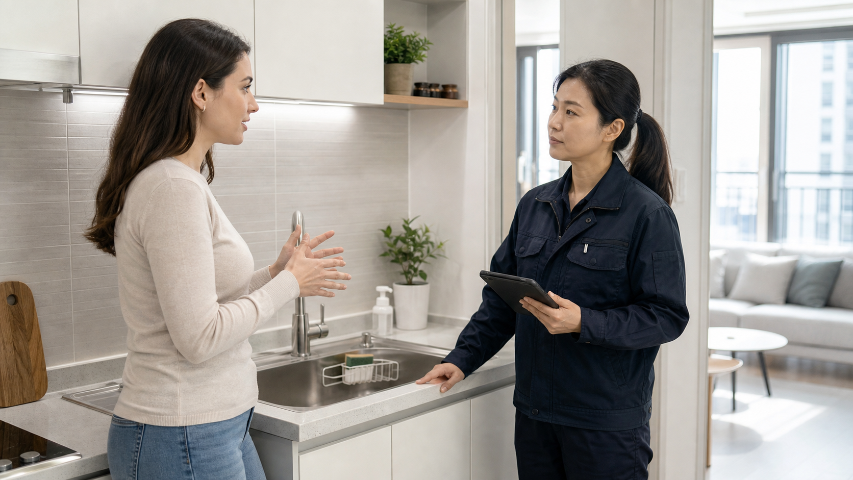 A female resident asks a female apartment maintenance technician about a broken sink in Korea.