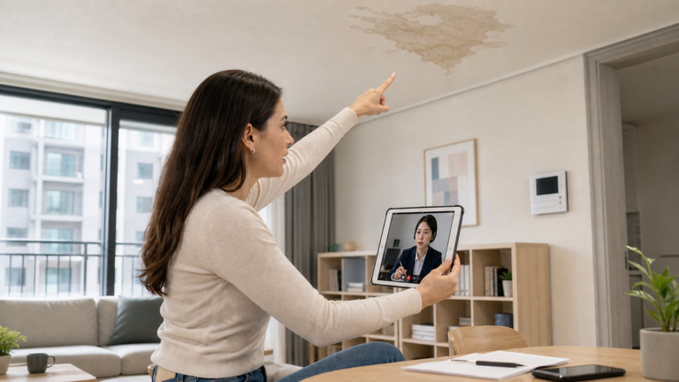 A female resident calls building management about a leaking ceiling and prepares a photo.