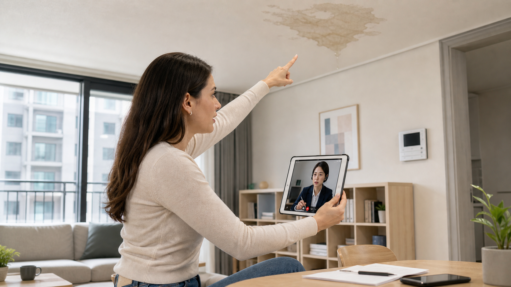 A female resident calls building management about a leaking ceiling and prepares a photo.