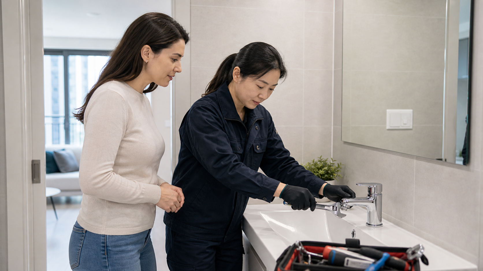 A female resident and a female technician check a bathroom faucet with repair tools.