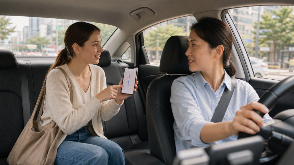 A female traveler shows a phone map to a Korean taxi driver from the back seat.