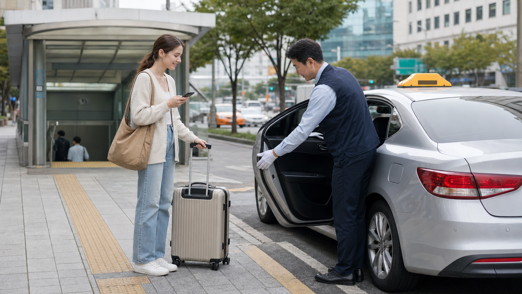 A female traveler checks her destination beside a taxi near a subway entrance in Korea.