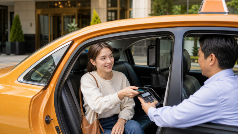 A female traveler pays a Korean taxi driver after arriving at her destination.