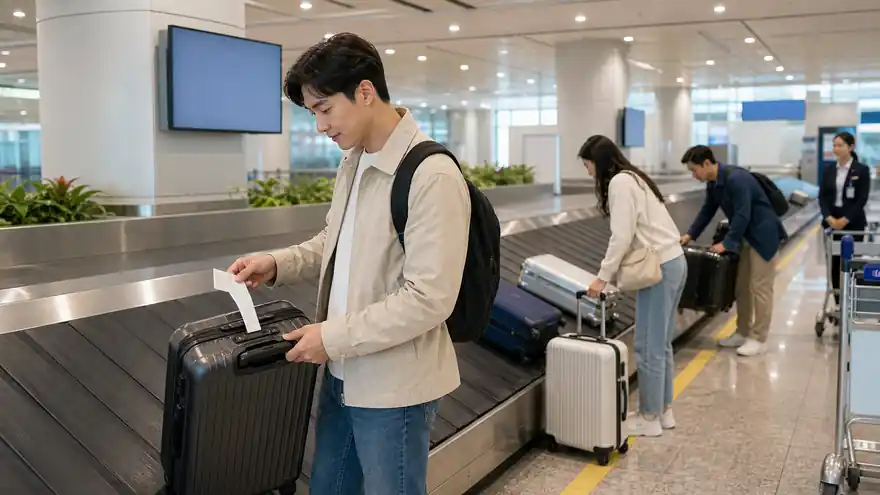 Textless generated photo of adult travelers collecting luggage at a baggage claim carousel.