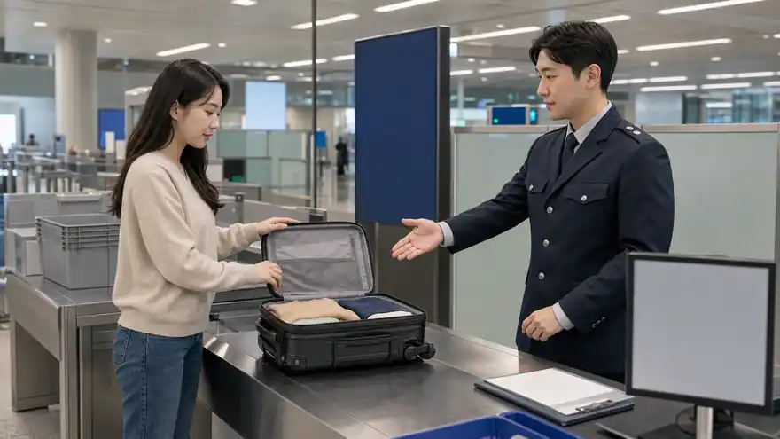 Textless generated photo of an adult traveler calmly opening a suitcase at a customs inspection desk.