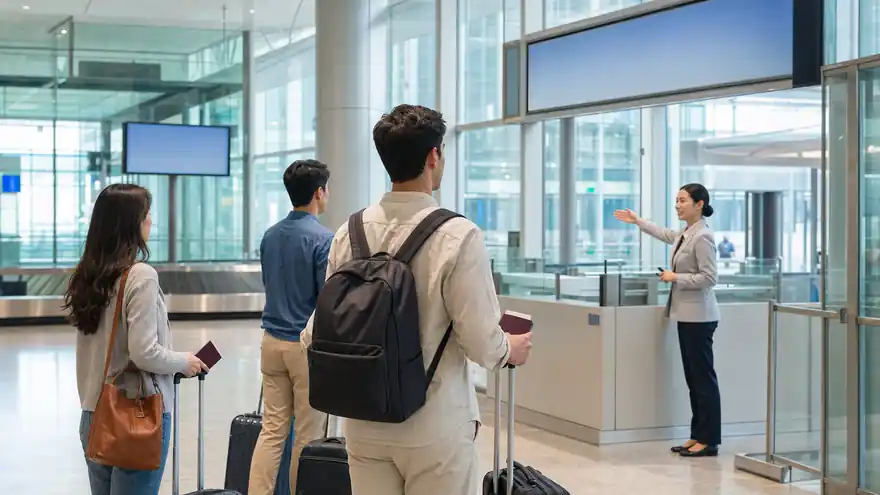 Textless generated photo of adult travelers arriving at a modern Korean airport arrival hall.
