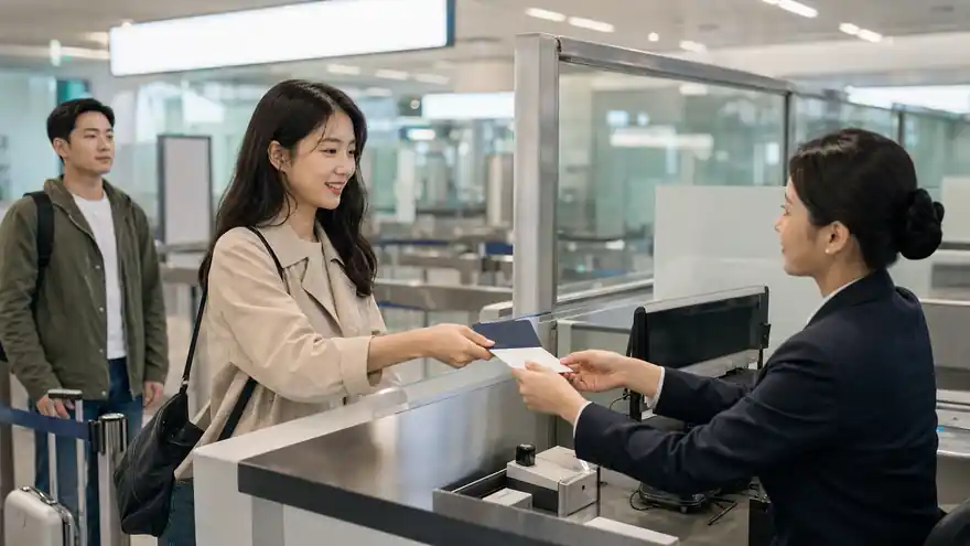 Textless generated photo of an adult traveler at an airport immigration counter with blank documents.