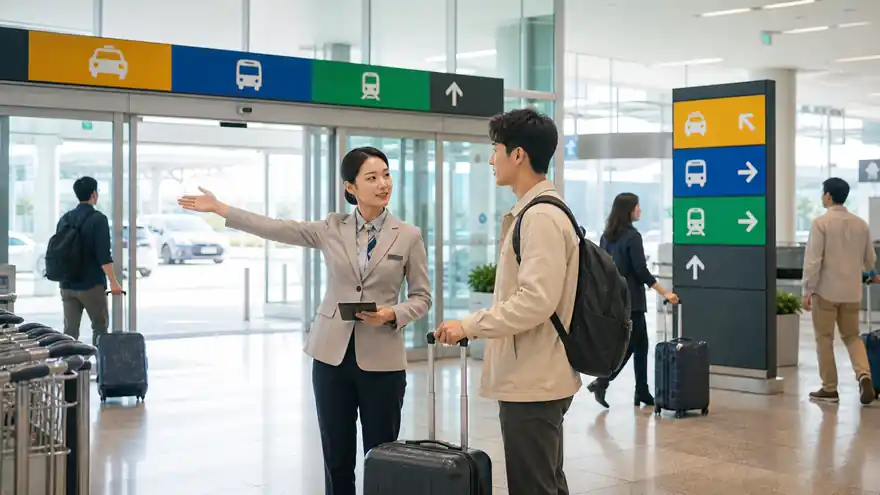 Textless generated photo of an adult traveler asking airport staff for ground transport directions.