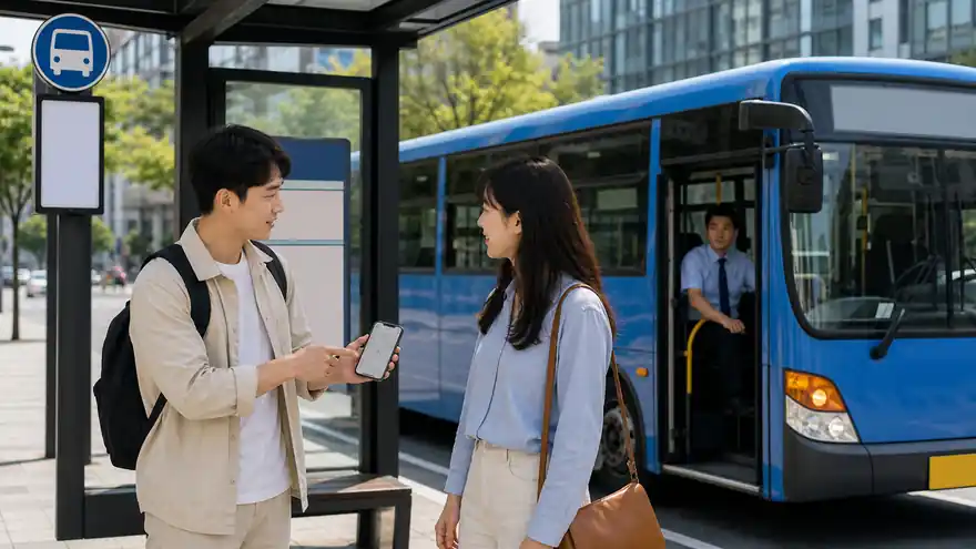 Textless generated photo of an adult traveler asking about a bus at a Korean bus stop with blank signs.