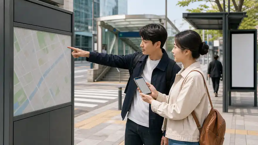 Textless generated photo of two adults checking a blank public map and phone map on a Korean sidewalk.