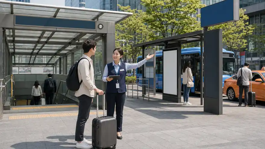 Textless generated photo of an adult traveler asking directions near subway, bus, and taxi zones in Korea.