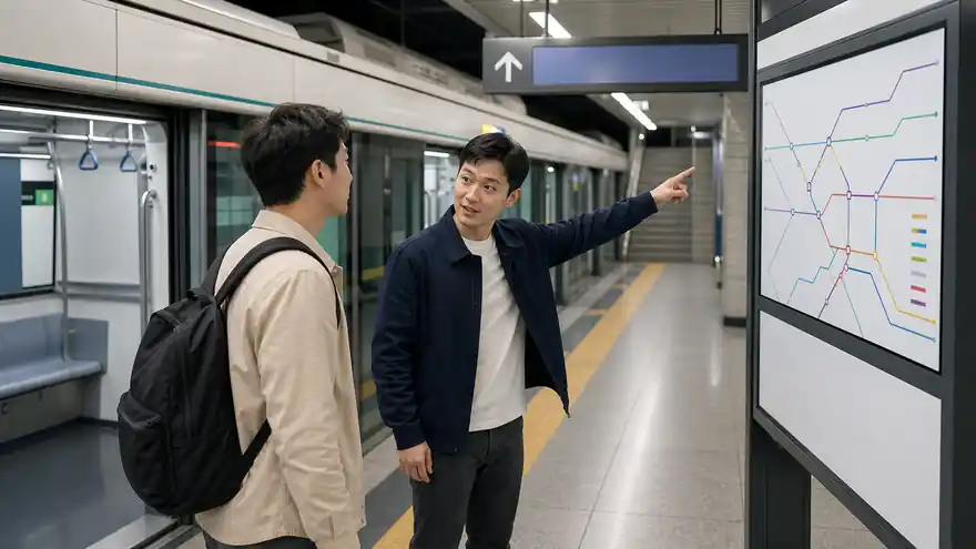Textless generated photo of an adult traveler asking directions on a Korean subway platform with blank map panels.