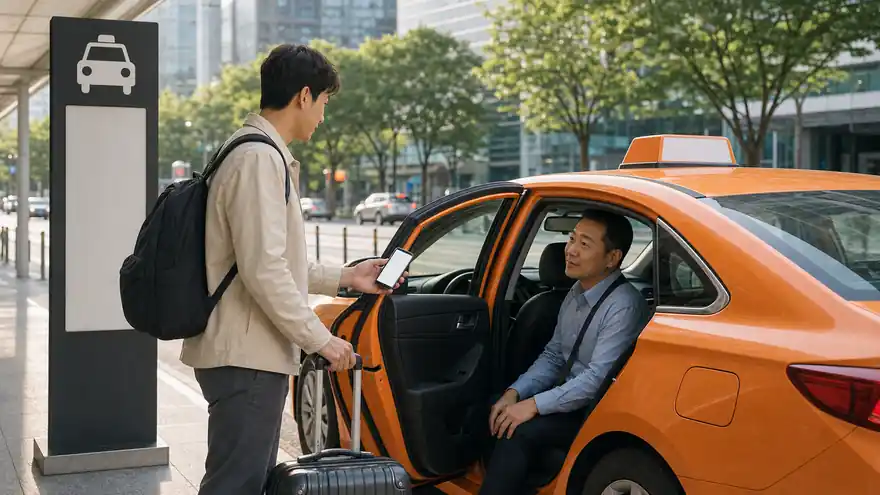 Textless generated photo of an adult traveler showing a blank phone address to a taxi driver in Korea.
