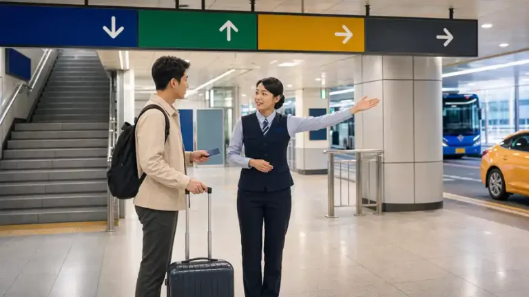 Textless generated photo of an adult traveler asking staff about a transfer corridor with blank arrow signs.