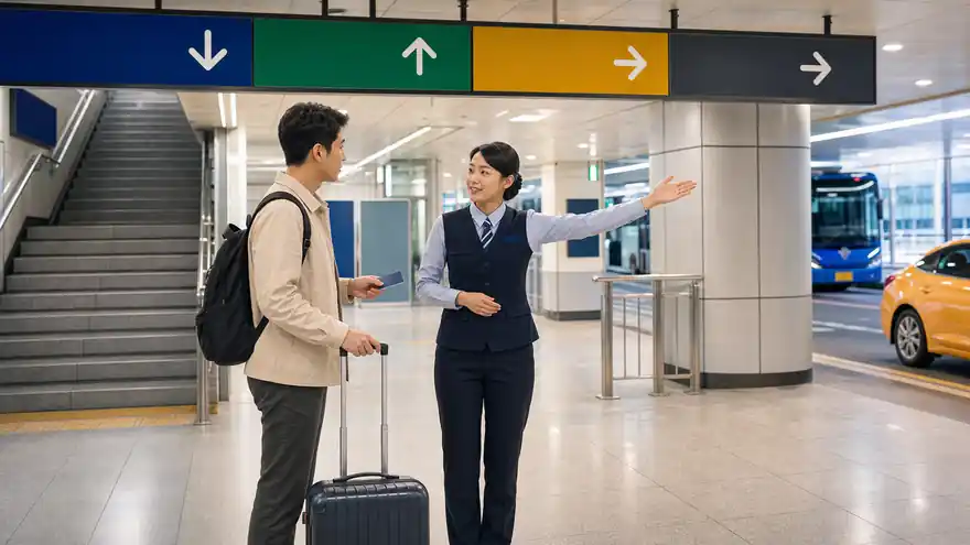 Textless generated photo of an adult traveler asking staff about a transfer corridor with blank arrow signs.