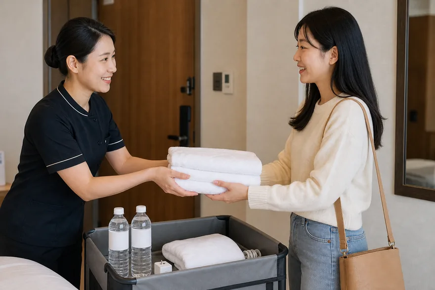 Textless generated photo of hotel staff handing towels and water with blank labels to a guest.