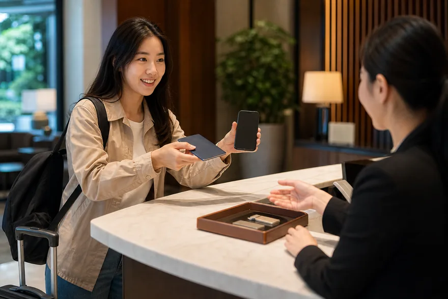 Textless generated photo of a traveler showing a blank phone reservation screen at a hotel desk.