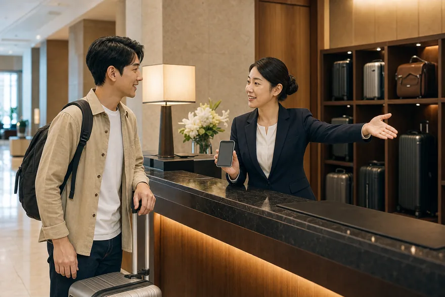 Textless generated photo of a traveler asking hotel staff about luggage storage or taxi help.
