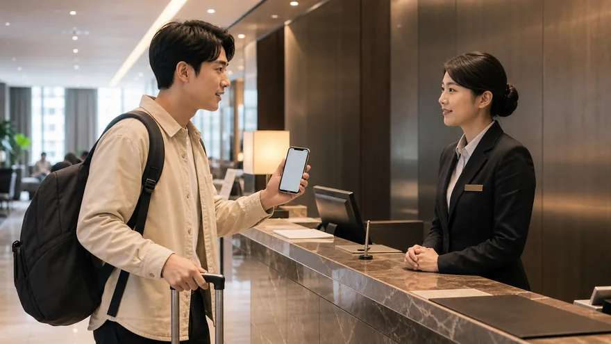 Textless generated photo of a traveler checking in at a Korean hotel front desk.