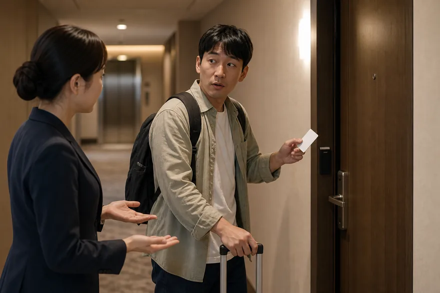 Textless generated photo of a traveler holding a blank hotel key card near a room door.
