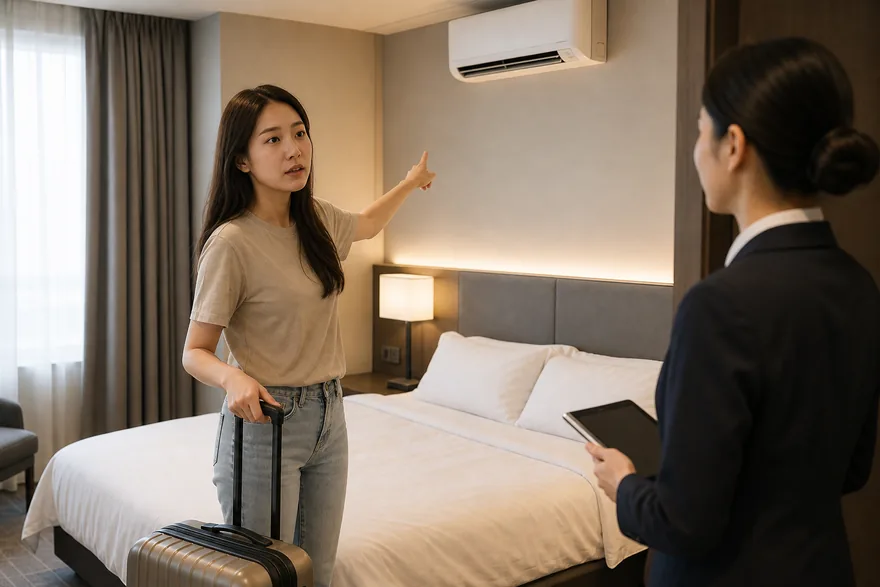 Textless generated photo of a traveler politely reporting a room temperature problem to hotel staff.