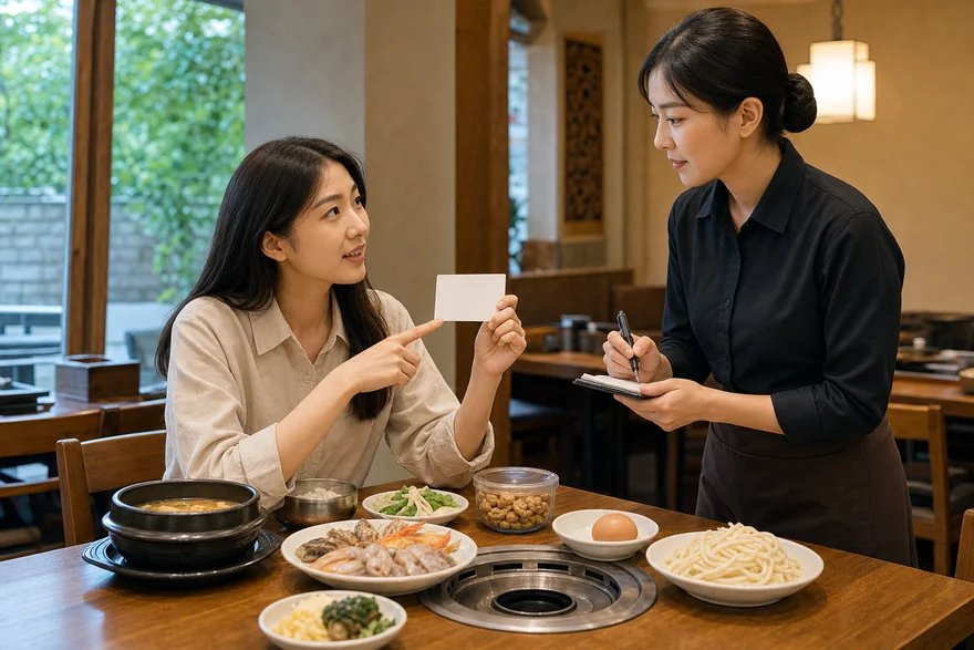 Textless generated photo of a traveler showing a blank allergy card to restaurant staff.