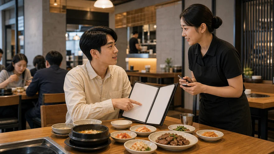 Textless generated photo of a traveler ordering at a Korean restaurant table.