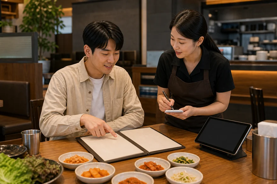 Textless generated photo of a restaurant staff member writing an order beside a blank menu.