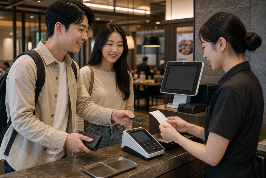Textless generated photo of travelers paying by card at a Korean restaurant counter.