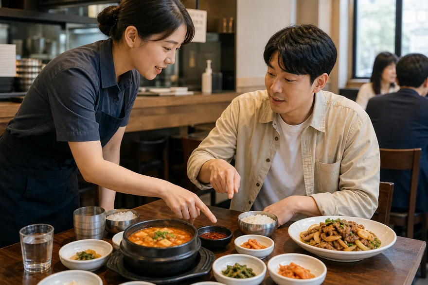 Textless generated photo of restaurant staff explaining a spicy Korean dish with side sauces.