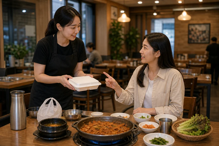 Textless generated photo of restaurant staff packing leftover food for a traveler.