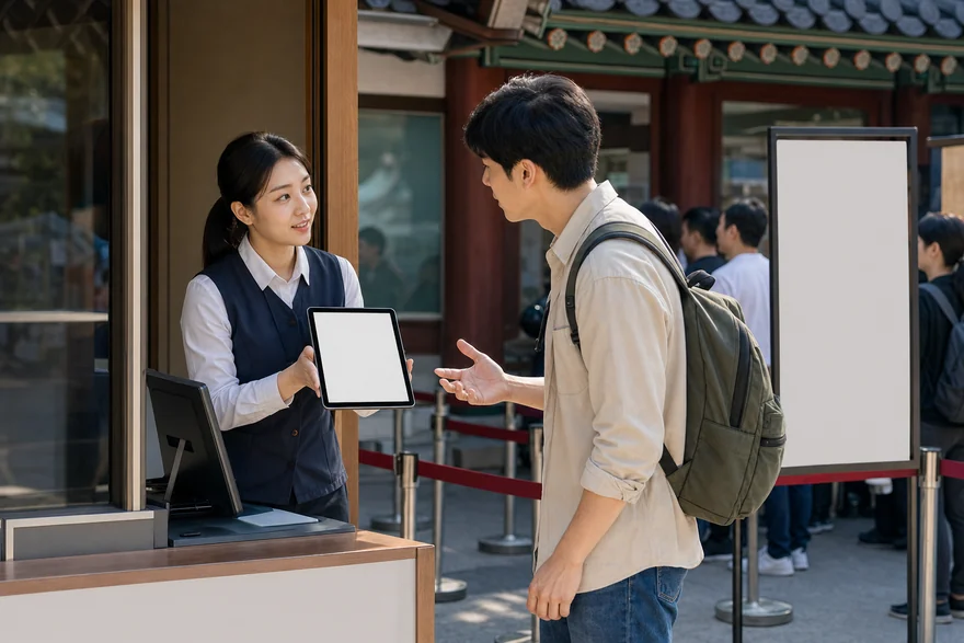 Textless generated photo of staff explaining ticket availability at a Korean venue.