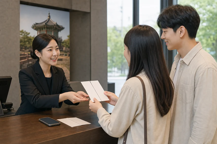 Textless generated photo of staff handing blank tickets to travelers at a Korean venue desk.