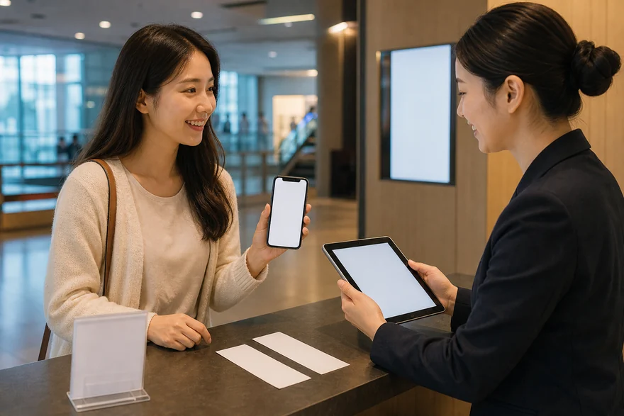 Textless generated photo of a traveler showing a blank phone reservation screen at a Korean venue.