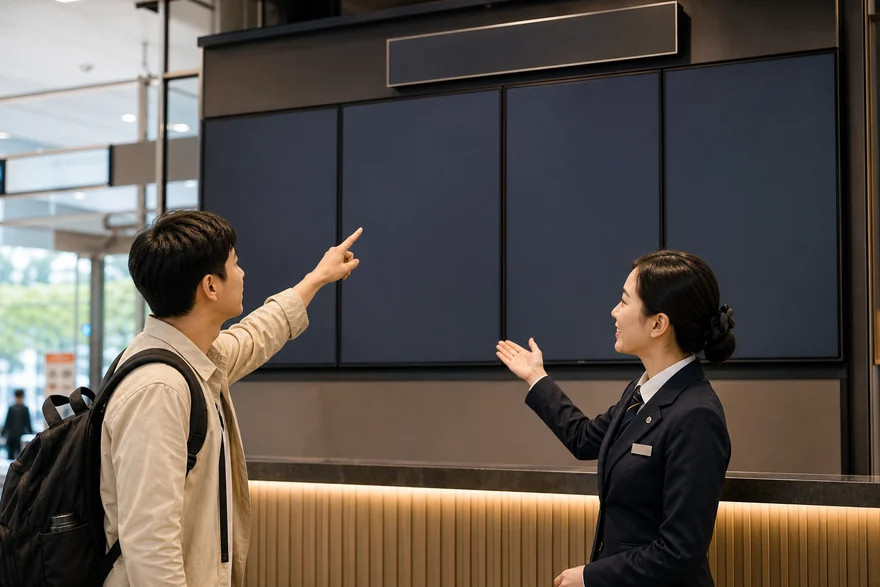 Textless generated photo of a traveler checking a blank schedule board with staff.