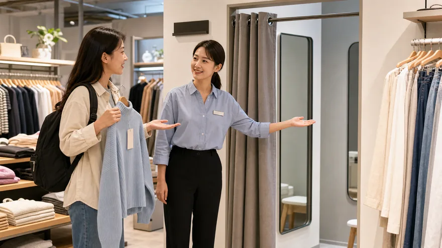 Textless generated photo of a traveler asking about a fitting room in a Korean clothing shop.