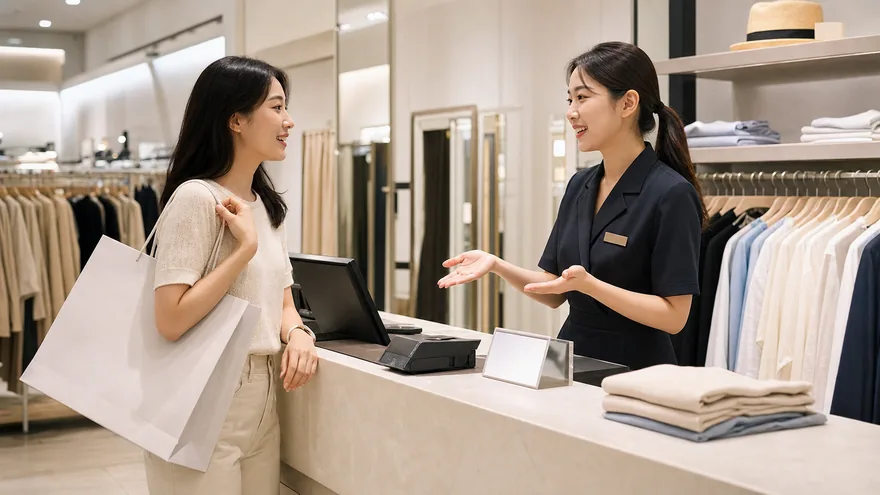 Textless generated photo of a traveler asking staff at a Korean fashion store counter.