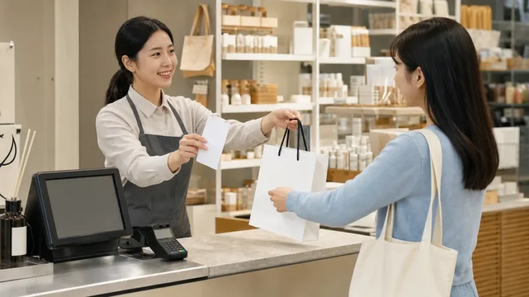 Textless generated photo of staff handing a blank receipt and shopping bag at a Korean cashier.