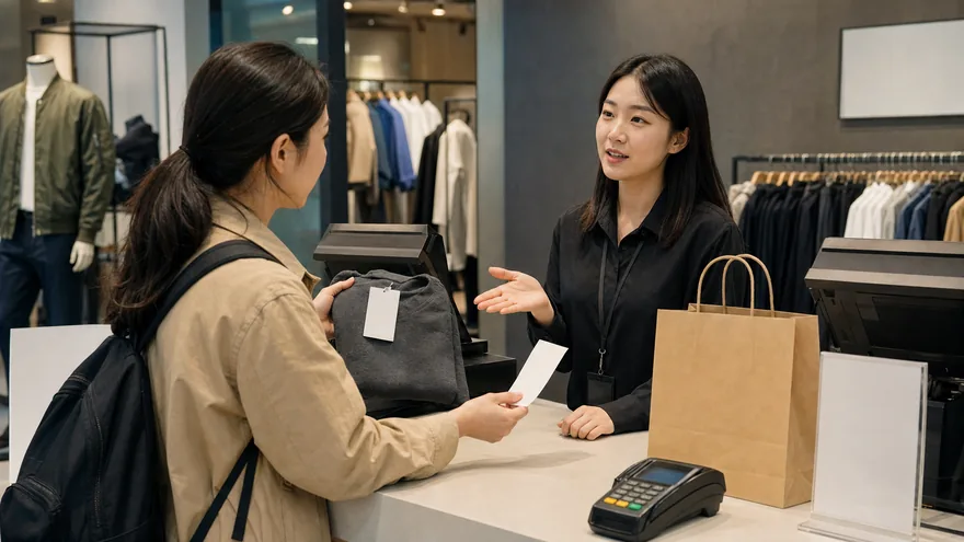 Textless generated photo of a refund or exchange conversation at a Korean store counter.