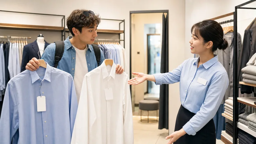 Textless generated photo of a traveler comparing clothing sizes in a Korean store.